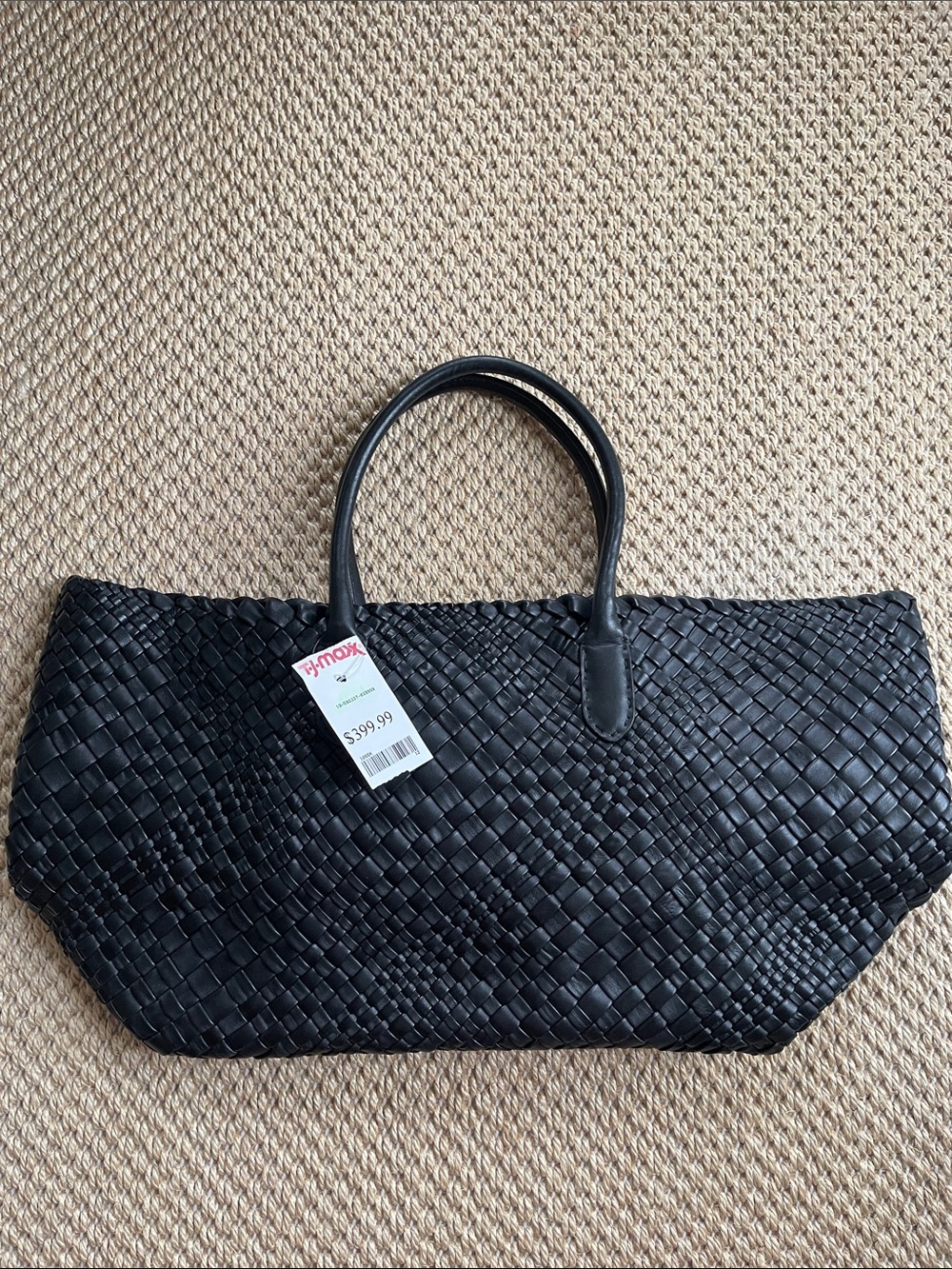 Handwoven Black Leather Tote with Double Top Handles
